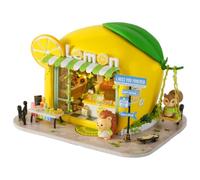 Fonowx Industrial Town Miniature House Kit Diorama Model Building Display Shelf Insert With Interior Sign And Character Suitable for desk bookshelf workspace, Hedgehog Lemon Drink Shop