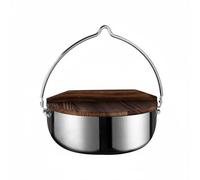 Fonowx Stainless Steel Cookware Campfire Pot Kettle Vessel with Foldable Handle and Wooden Lid Smooth Surface for Easy Cleanup for Outdoor Cooking Road Trips, 24cm Stainless Steel Hanging Pot B-Type