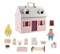 Fonowx Wooden Dollhouse Portable Playset With Accessories Set Two Easy Carry Design Poseable Dolls Supports Early Learning Through Play suitable for
