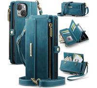 FONREST Compatible with iPhone 15 Crossbody Purse Bag Case, Magnetic Flip Flap PU Leather Wallet Cover w/Kickstand 9 RFID Blocking Card Holders Zip Pocket Lanyard Wrist Strap (Blue)