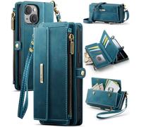 FONREST Compatible with iPhone-15+Plus Crossbody Purse Bag Case, Magnetic Flip Flap PU Leather Wallet Cover w/Kickstand 9 RFID Blocking Card Holders Zip Pocket Lanyard Wrist Strap (Blue)