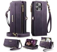FONREST Compatible with iPhone-15-Pro Crossbody Purse Bag Case, Magnetic Flip Flap PU Leather Wallet Cover w/Kickstand 9 RFID Blocking Card Holders Zip Pocket Lanyard Wrist Strap (Purple)