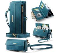 FONREST Compatible with iPhone-15-Pro-Max Crossbody Purse Bag Case, Magnetic Flip Flap PU Leather Wallet Cover w/Kickstand 9 RFID Blocking Card Holders Zip Pocket Lanyard Wrist Strap (Blue)
