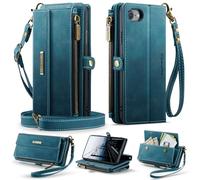 FONREST Compatible with iPhone SE 3/SE 2/8/7/6/6S Crossbody Purse Bag Case Magnetic Flip PU Leather Wallet Cover w/Kickstand 9 RFID Blocking Card Holders Zip Pocket Lanyard Wrist Strap (Blue)
