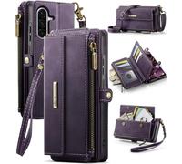 FONREST Compatible with Samsung-Galaxy-A56 5G Crossbody Purse Bag Case, Magnetic Flip Flap PU Leather Wallet Cover w/Kickstand 9 RFID Blocking Card Holders Zip Pocket Lanyard Wrist Strap (Purple)