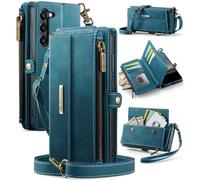 FONREST Compatible with Samsung-Galaxy-S23 Crossbody Purse Bag Case, Magnetic Flip Flap PU Leather Wallet Cover w/Kickstand 9 RFID Blocking Card Holders Zip Pocket Lanyard Wrist Strap (Blue)