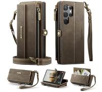 FONREST Compatible with Samsung-Galaxy-S23-Ultra Crossbody Purse Bag Case, Magnetic Flip Flap PU Leather Wallet Cover w/Kickstand 9 RFID Blocking Card Holders Zip Pocket Lanyard Wrist Strap (Coffee)