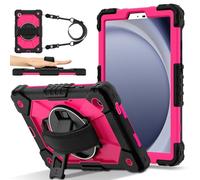 FONREST Crossbody Rugged Case for Samsung-Galaxy-Tab-A11/A9 8.7 inch w/Swivel Kickstand, Heavy Duty Shock-proof Armor Cover w/Hand-Strap-Grip Shoulder-Strap SM-X135/X133/X130 (Black/Rose)