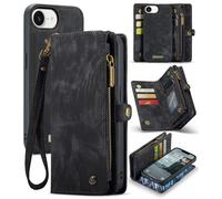FONREST for iPhone 16e Wallet Case, Artificial Leather Flip Folio Cover with Detachable Magnetic Back Shell, Kickstand, 8 Card Holders, Cash Slot, Zipper Pocket, Lanyard All-in-1 (Black)