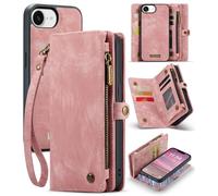 FONREST for iPhone 16e Wallet Case, Artificial Leather Flip Folio Cover with Detachable Magnetic Back Shell, Kickstand, 8 Card Holders, Cash Slot, Zipper Pocket, Lanyard All-in-1 (Pink)