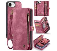 FONREST for iPhone 16e Wallet Case, Artificial Leather Flip Folio Cover with Detachable Magnetic Back Shell, Kickstand, 8 Card Holders, Cash Slot, Zipper Pocket, Lanyard All-in-1 (Red)