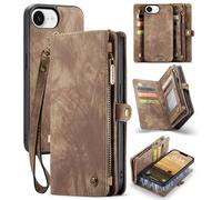 FONREST for iPhone 16e Wallet Case, Artificial Leather Flip Folio Cover with Detachable Magnetic Back Shell, Kickstand, 8 Card Holders, Cash Slot, Zipper Pocket, Lanyard All-in-1 (Brown)