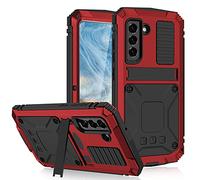 FONREST for Samsung Galaxy S21 FE 5G Metal Case with Kickstand Full-body Rugged Military Heavy Duty Shockproof Hybrid Aluminum+TPU Tough Cover with Screen Protector, Supports Wireless Charging (Red)