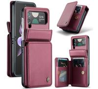 FONREST for Samsung-Galaxy-Z-Flip-3 Rear Wallet Case with RFID Blocking Card Holders/Kickstand, One-Piece Shockproof PC + PU Leather Hybrid Protective Cover w/Magnetic Snaps Hinge Protection (Red)