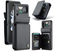 FONREST for Samsung-Galaxy-Z-Flip-4 Rear Wallet Case with RFID Blocking Card Holders/Kickstand, One-Piece Shockproof PC + PU Leather Hybrid Protective Cover w/Magnetic Snaps Hinge Protection (Black)