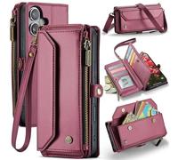 FONREST Leather Purse Bag Case for iPhone-16+Plus, Magnetic Flip Wallet Cover with Kickstand RFID Blocking Card Holders Cash Slot Zipper Pocket Crossbody Lanyard Wrist Strap (Red)