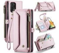 FONREST Leather Purse Bag Case for Samsung Galaxy A33 5G, Magnetic Flip Flap Wallet Cover with Kickstand 10 RFID Blocking Card Holders Cash Slot Zipper Pocket Crossbody Lanyard Wrist Strap(Pink)