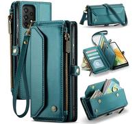 FONREST Leather Purse Bag Case for Samsung Galaxy A33 5G, Magnetic Flip Flap Wallet Cover with Kickstand 10 RFID Blocking Card Holders Cash Slot Zipper Pocket Crossbody Lanyard Wrist Strap(Blue-green)