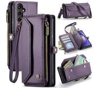 FONREST Leather Purse Bag Case for Samsung Galaxy A54 5G, Magnetic Flip Flap Wallet Cover with Kickstand 10 RFID Blocking Card Holders Cash Slot Zipper Pocket Crossbody Lanyard Wrist Strap(Purple)
