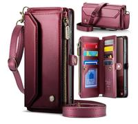 FONREST Leather Purse Bag Case for Samsung-Galaxy-S25-FE, Magnetic Flip Flap Wallet Cover with Kickstand 10 RFID Blocking Card Holders Cash Slot Zipper Pocket Crossbody Lanyard Wrist Strap(Red)