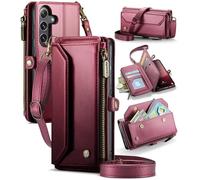 FONREST Leather Purse Bag Case for Samsung-Galaxy-S25, Magnetic Flip Flap Wallet Cover with Kickstand 7 RFID Blocking Card Holders Cash Slot Zipper Pocket Crossbody Lanyard Wrist Strap(Red)