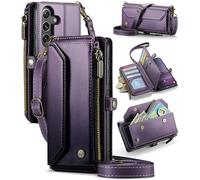 FONREST Leather Purse Bag Case for Samsung-Galaxy-S25+Plus, Magnetic Flip Flap Wallet Cover with Kickstand 10 RFID Blocking Card Holders Cash Slot Zipper Pocket Crossbody Lanyard Wrist Strap(Purple)