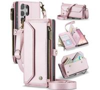 FONREST Leather Purse Bag Case for Samsung-Galaxy-S25-Ultra, Magnetic Flip Flap Wallet Cover with Kickstand 10 RFID Blocking Card Holders Cash Slot Zipper Pocket Crossbody Lanyard Wrist Strap(Pink)