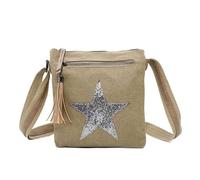 Fontanella Fashion Women Double Compartments Shiny Glitter Star Canvas Small Shoulder Messenger Handbag Crossbody Bag-KHAKI