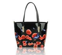 FONTANELLA FASHION Women Large Tote Bag Poppy Flower and Butterfly Print Shiny Water Resistant Shoulder with Cross Body Strap-Black