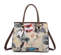 Fontanella Fashion Womens Elvis PU Leather Dual Top Handle Large Capacity Tote Shoulder Handbag with Crossbody Strap - BROWN