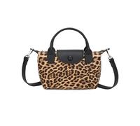 Fontanella Fashion Women's Faux Leather Mini Crossbody Handbag Leopard Print Top Handle Satchel Purse Adjustable Strap Snap Zipper Closure (Tan/Black)