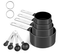 FONYA 8-Piece Black Measuring Tools - Nylon, 4 Measuring Cups / 4 Measuring Spoons with Metal Handles for Liquids and Solids (Black Thickened)