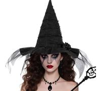 Fonyet Halloween Witch Hat, Women's Sexy Witch Hat with Veil and Roses, Witch Costume Accessories, Witch Fancy Dress Accessories, Witch Headpiece for Halloween, Carnival, Fancy Dress (Black)