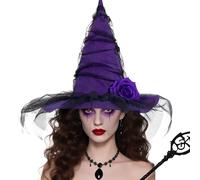 Fonyet Halloween Witch Hat, Women's Sexy Witch Hat with Veil and Roses, Witch Costume Accessories, Witch Fancy Dress Accessories, Witch Headpiece for Halloween, Carnival, Fancy Dress (Purple)