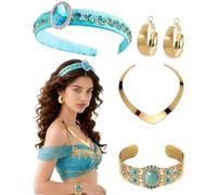 Fonyiunce Set of 4 Princess Jasmine Accessories, Princess Crown Hair Accessories, Necklace Gold, Earrings Gold, Bracelets Jewellery Set Princess Jewellery Girls for Cosplay Carnival Party