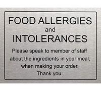 Food Allergy and Intolerances Safety Notice Sign Aluminium Adhesive (20cm x 15cm Brushed Silver)
