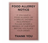 Food Allergy Notice Slimline Aluminium Sign by Viro Display - Brushed Aluminium - Durable Printed Surface - Self-Adhesive Fixing (Brushed Copper, 200 x 260mm)