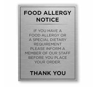 Food Allergy Notice Slimline Aluminium Sign by Viro Display - Brushed Aluminium - Durable Printed Surface - Self-Adhesive Fixing (Brushed Silver, 150 x 195mm)