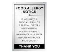 Food Allergy Sign Notice Allergen Intolerances A5 Silver 210 x 148mm Brushed Silver Aluminium Sign - Durable Printed Elegant Metal - Self-Adhesive Fixing Restaurant Catering Silver Warning