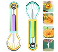 Food Cutting & Slicing Tool: Melon Baller Scoop Set, Two Pack Four in One Stainless Steel Fruit Tool for Digging Pulp Separator, Watermelon Cutter Slicer and Fruit Scooper (Green + Purple)