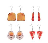 Food Earrings for Women Cute Poached Egg Pizza Bread Earrings Unique Funny Handmade Fried Bacon with Sunny Side up Egg Earrings Cartoon Food Earrings Set Acrylic 2D Food Jewelry Gifts, Acrylic, No