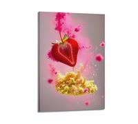 Food Poster Squishy Strawberry Juice Splashing Into A Glass of Sparkling Cranberry And Pomegranate Poster Wall Art Canvas Aesthetic Cover Painting for Living Room Bed Room 12x18inch(30x45cm) Frame-st