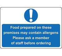 Food prepared on these premises may contain allergens ask a member of staff allergen safety sign - Self adhesive sticker (300mm x 200mm)
