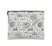 Food Sketch Makeup Bag, Black White Culinary Cosmetic Travel Pouch for Women, Portable Canvas Zipper Organizer, White, 7x9 Inch, Food