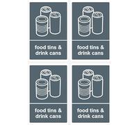 Food tins & drink cans recycling signs, 100x150mm, pack of 4 recycling stickers on A4 sheet