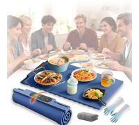 Food Warming Mat, Electric Warming Tray with 3 Level Adjustable Temperature, Silicone Hot Plates for Keeping Food Warm, Roll Up Warming Mat for Party Travel (Grey Blue)