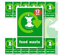 Food Waste Bin Signs Stickers,12x Pack 100mm x 150mm, Self-Adhesive Vinyl, Green, Waterproof Mixed Set Recycling Signs for Indoor Outdoor Use. Made in UK Print Kings