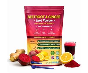 FoodPURA Beetroot Ginger & Lemon + Vitamin D Shot Powder 135 Servings Nitric Oxide Booster Enhances Athletic Performance & Endurance 135g 100% Natural - Antioxidant Anti Inflammatory Immune Support