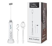 FoodVille MF09 3 in 1 Rechargeable Milk Frother Handheld Foam Maker with Charging Stand & 3 Stainless Steel Whisks (White without Case)