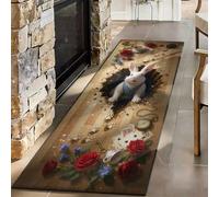 FOOGENG 3D Illusion Wonderland White Rabbit Runner Rug 60x300cm | Peeking Bunny Vintage Tea Party Wood Effect Long Carpet, Novelty Floral Decorative Mat for Hallway Lounge Kitchen Bedroom